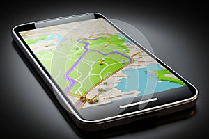 Mobile map application, GPS navigation. Smartphone App search map navigation. AI generated