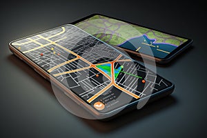Mobile map application, GPS navigation. Smartphone App search map navigation. AI generated