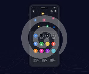 Mobile map GPS navigation app dark mode ux ui concept, Smartphone map application, App search map navigation, Technology map city