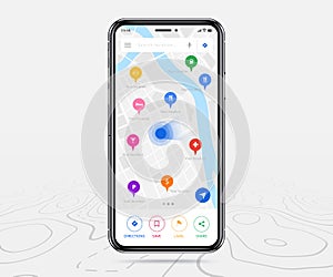 Mobile map GPS, Smartphone map application and colorful pinpoint on screen, App search map navigation, isolated on line maps