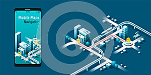 Mobile maps Navigation, And tracking concept. Isometric city map, App design, Infographic