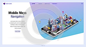 Mobile maps Navigation, And tracking concept. Isometric city map, App design, Infographic. Template landing page for website. 3d