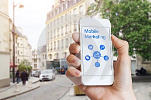 Mobile marketing concept with a woman hand showing smartphone screen