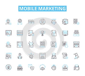 Mobile marketing linear icons set. Texts, SMS, MMS, Push, App, In-app, Geolocation line vector and concept signs