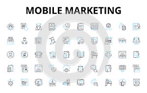 Mobile marketing linear icons set. Texts, SMS, MMS, Push, App, In-app, Geolocation vector symbols and line concept signs