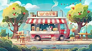 Mobile marketplace or fastfood restaurant with coffee and hamburgers for street market. Cartoon modern illustration set