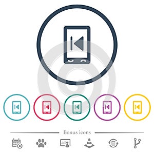 Mobile media previous flat color icons in round outlines