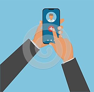 Mobile medicine, mhealth, online doctor. Hand holding smartphone with medical app. Vector flat illustration.