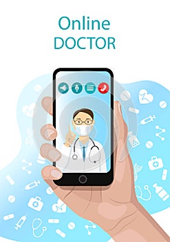 Mobile medicine, online doctor consultation. Hand holding smartphone with medical app. Modern flat design vector graphic