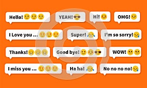 Mobile messages with different texts and emoticons. Mobile discussion emojis vector illustration social media