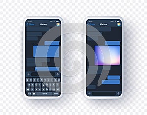 Mobile messanger application mock up on two screen with keyboard. Smart phone concept of chat app in realistic 3d style photo