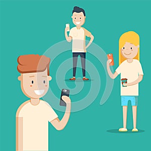 Mobile messenger concept. Social media. A group of young people with smartphones