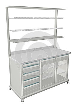 Mobile metal medical supply cabinet with solid and wire mesh shelves, 3d illustration