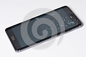 Mobile modern touch screen smart phone with broken screen on white background. - Imagen photo