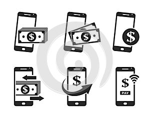 Mobile money icon set. smartphone and dollar sign. mobile payment and money transfer symbols