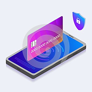 Mobile money payment, online banking and digital shopping concept with smartphone, nfc payment and credit bank card