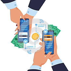 Mobile money transfer. Cartoon hands holding smartphones and sending wireless payment. Vector online wallet mobile app photo