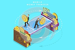 Mobile money transfer isometric flat vector concept.