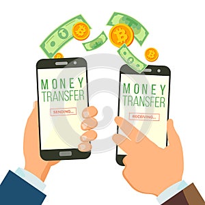 Mobile Money Transferring Banking Concept Vector. Hand Holding Smartphone. Dollar And Bitcoin. Wireless Finance Sending