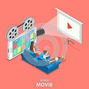 Mobile movie flat isometric vector concept.