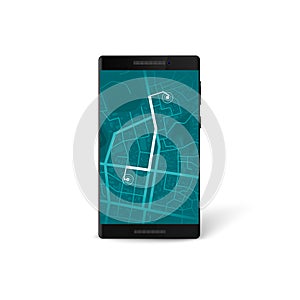 Mobile navigation app interface. map and gps navigation concept. City map on phone screen with marked route. Vector