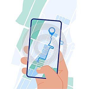 Mobile navigation app on screen flat design illustration