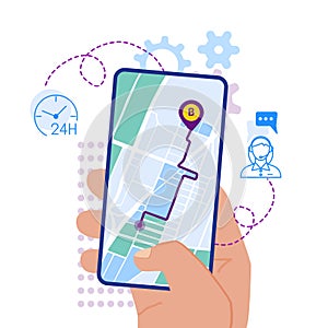 Mobile navigation app on screen flat design illustration