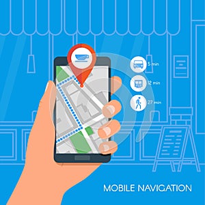 Mobile navigation concept vector illustration. Hand holding smartphone with gps city map on screen and route. Flat