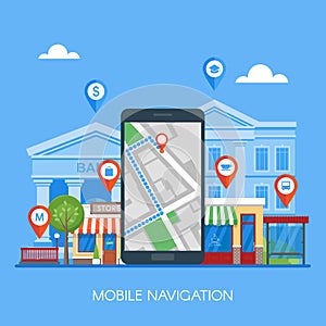 Mobile navigation concept vector illustration. Smartphone with gps city map on screen and route.