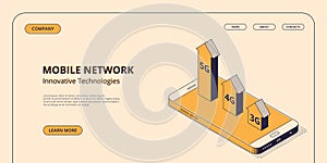 Mobile network technologies concept in isometric vector illustration.