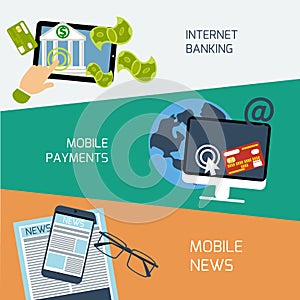 Mobile news, payments and internet banking concept
