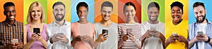 Mobile Offer. Portraits Of Diverse Young People Using Smartphones Over Bright Backgrounds