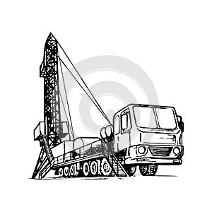 Mobile oil drilling complex. Sketch style drawing isolated on a white background.