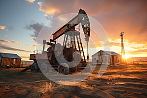 Mobile old crude oil drilling rig in the desert at evening sunset, energy industrial machine for oil gas extraction.