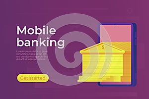 Mobile online banking concept. Gold bank building. Web banner.