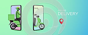 Mobile online food delivery concept. Delivery package with electric scooter. Online order tracking with online maps.