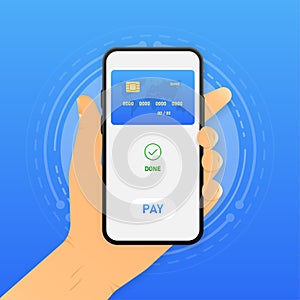 Mobile online payment. Credit card on the phone screen. Online shopping. Vector illustration.