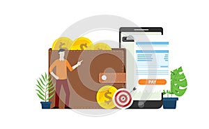 Mobile online payment technology with business man people with invoice and gold coin money on walley - vector