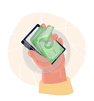 Mobile online payments concept. Human hand holds smartphone with dollar bills. Isometric electronic bill, financial transaction, m