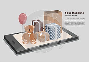 Mobile online shopping isometric concept. Teddy Bear and clorful gifts on phone.