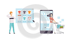 Mobile Online Shopping, People Buying Clothes and Cosmetics in Online Shops Usiing Smartphones Flat Vector Illustration