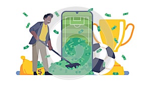 Mobile online sports betting app. Soccer game bets. Successful man with cash heaps. Smartphone application. Football