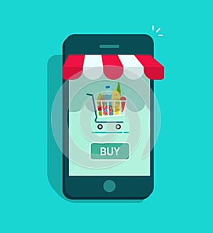 Mobile online store vector, smartphone storefront with shopping cart
