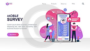 Mobile online survey concept with man and woman characters. Can use for landing page, template, ui, web, homepage, poster, banner