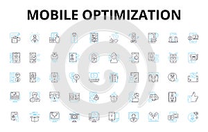 Mobile optimization linear icons set. Responsiveness, Compatibility, Adaptability, Streamlining, Efficiency