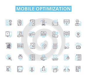 Mobile optimization linear icons set. Responsiveness, Compatibility, Adaptability, Streamlining, Efficiency