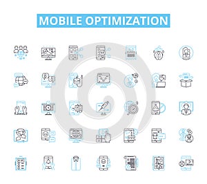 Mobile optimization linear icons set. Responsiveness, Compatibility, Adaptability, Streamlining, Efficiency