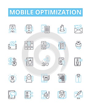 Mobile optimization vector line icons set. Mobile, optimization, responsiveness, design, webpage, app, user illustration