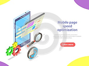 Mobile page speed optimization isometric vector.