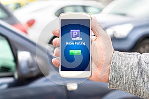 Mobile parking app on smartphone screen facing camera.